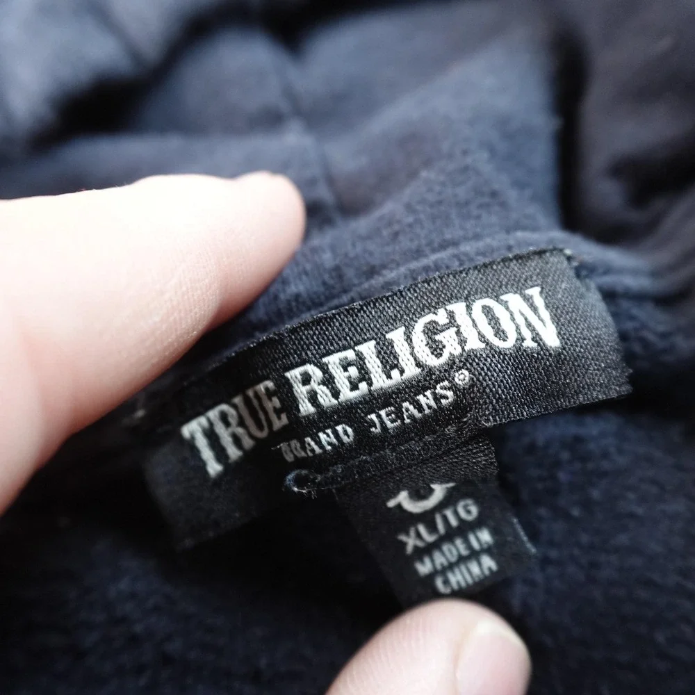 True‎ Religion Hoodie Mens XL Blue Logo Graphic Pullover Sweatshirt Sweater Top